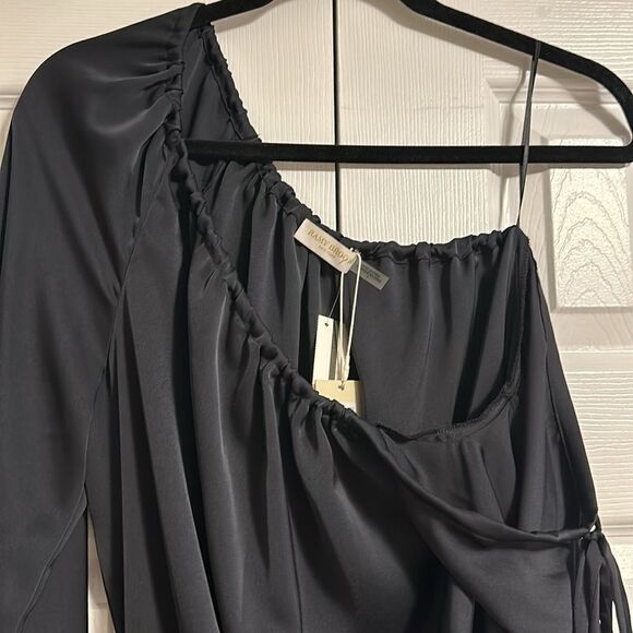 RAMY BROOK Louisa Long Sleeve Black One Shoulder Satin Mini Cocktail Dress Siz 4 - Picture 3 of 7